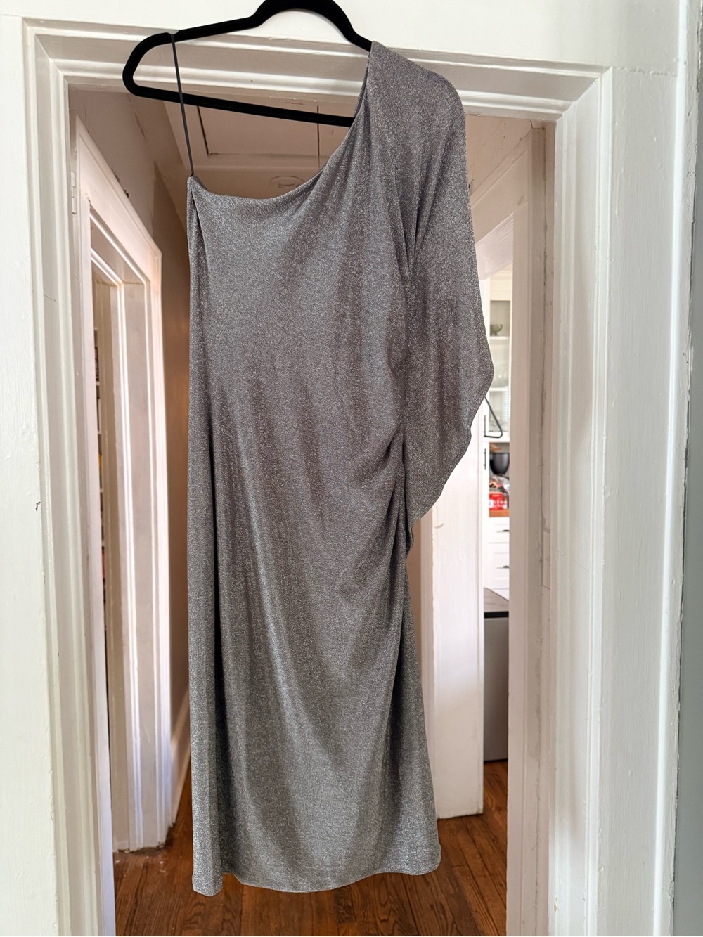 NWT! Trina Turk One-Shoulder Silver Sparkle Evening Dress